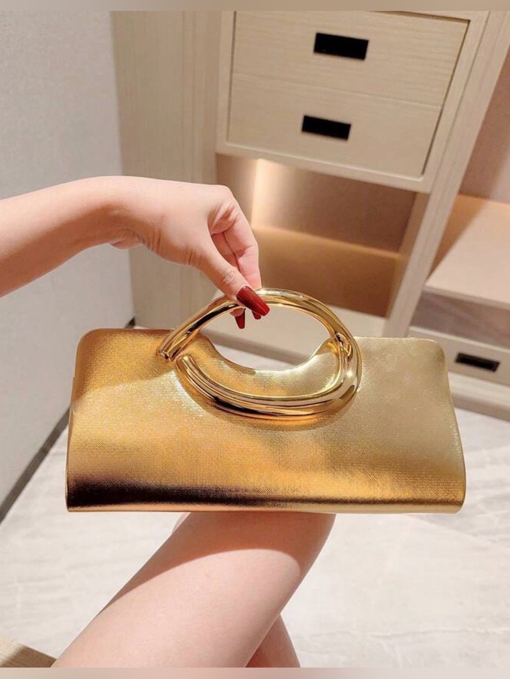 Gold Metallic Evening Clutch with Sculpted Handle - NWT